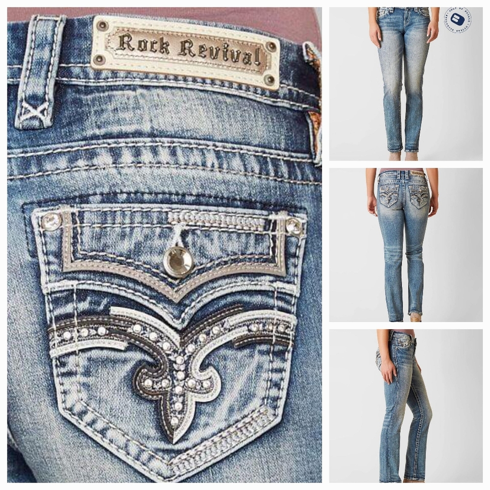 ❤️NeW❤️ ROCK REVIVAL VIEN EMBELLISHED BLING EASY STRAIGHT JEANS SIZE 28
